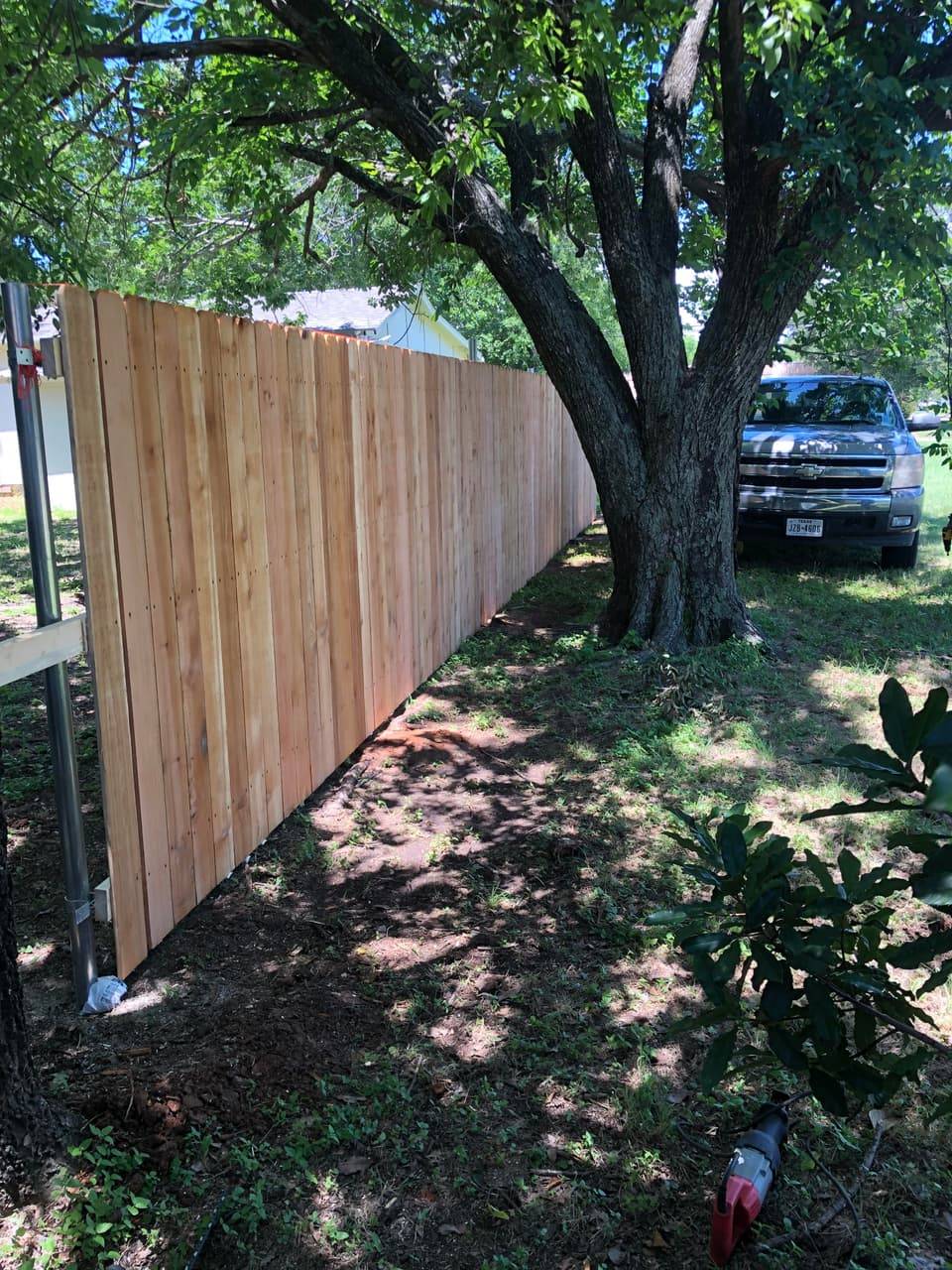 Wood Privacy Fence Installation example — Cedar privacy fence run beneath a mature shade tree, Stephenville area